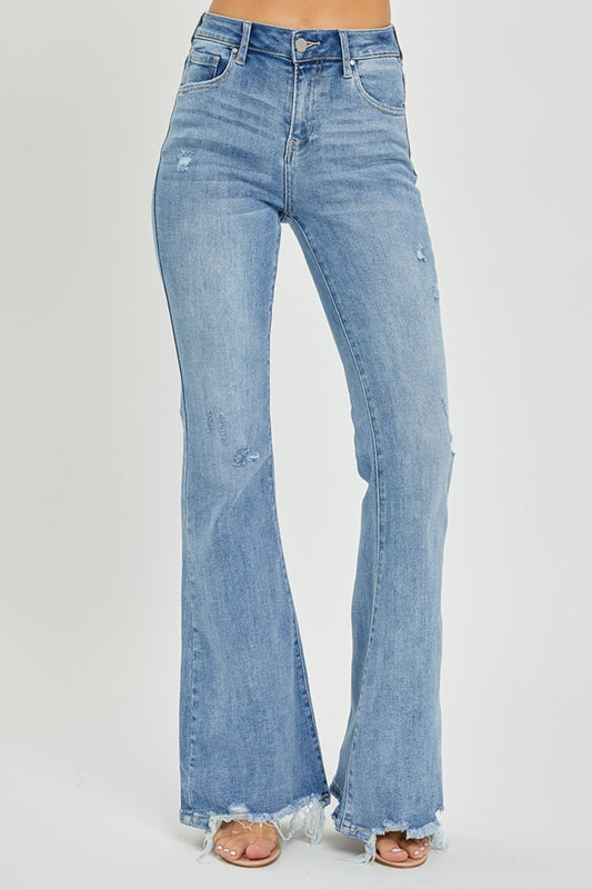 Risen Full Size High Rise Frayed Hem Flare Jeans - Kristi Pierce Designs