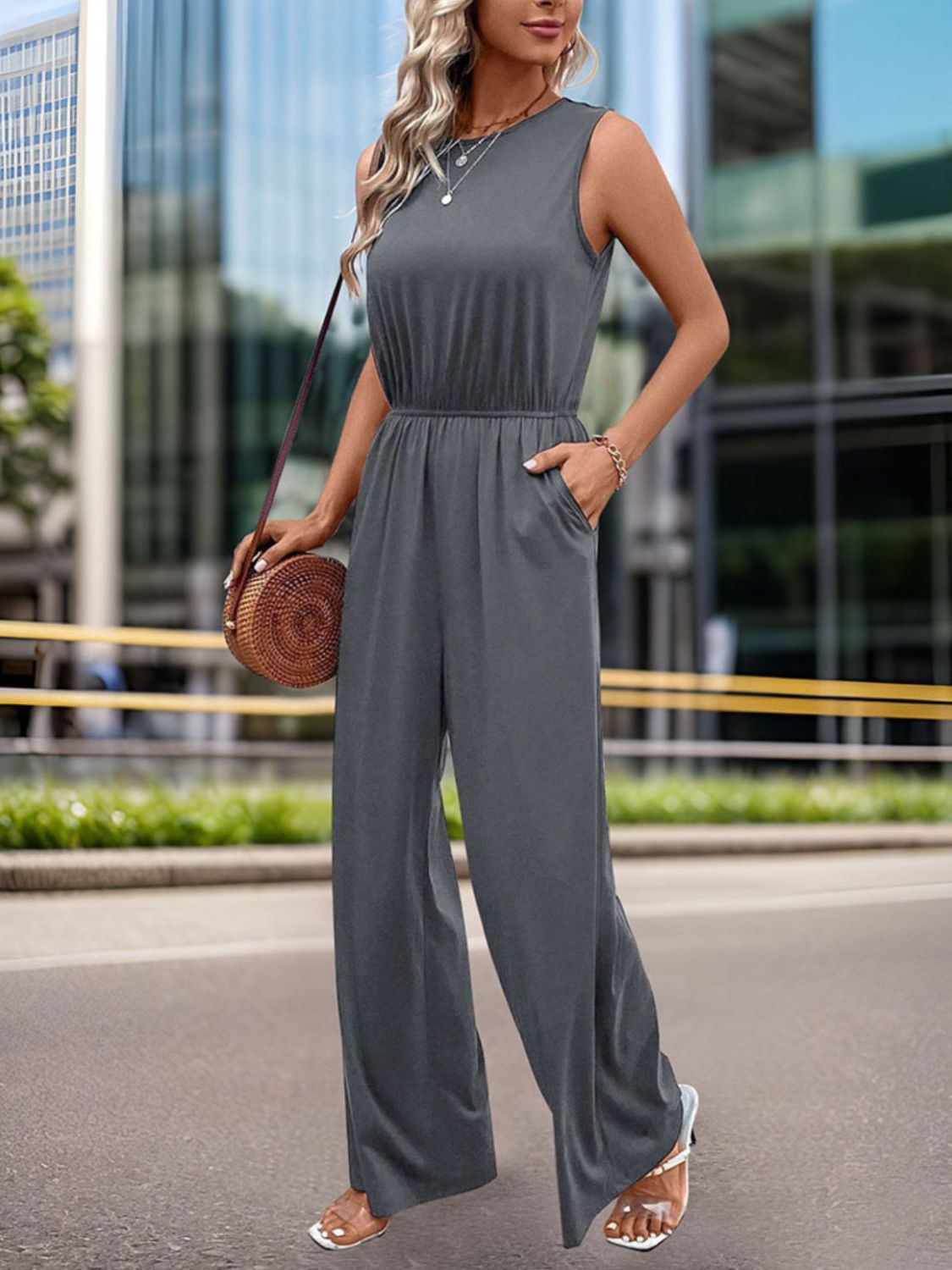 Round Neck Wide Leg Jumpsuit - Kristi Pierce Designs