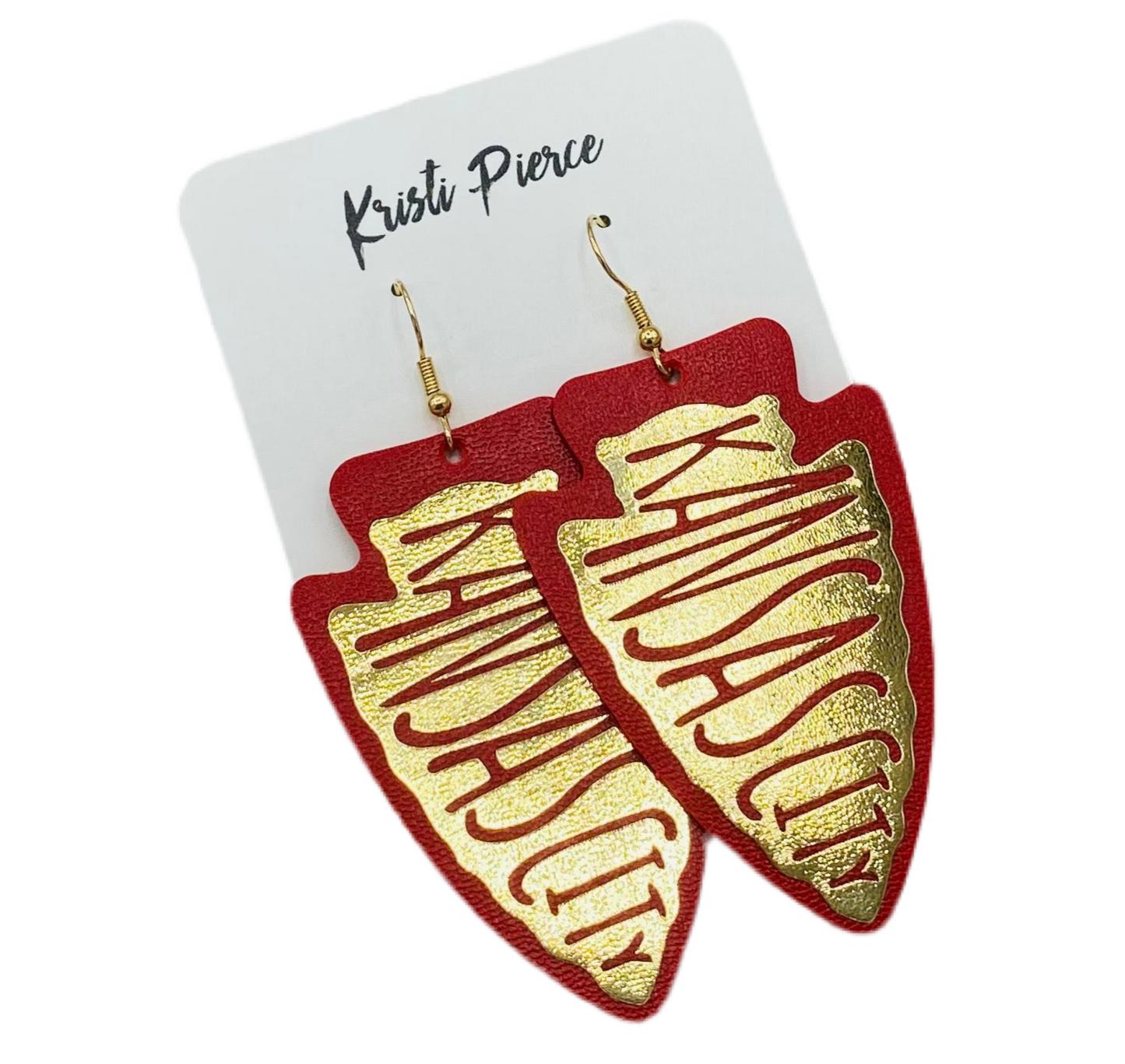 Kansas City Chiefs Red Faux Leather Arrowhead Earrings with Metallic Gold Vinyl