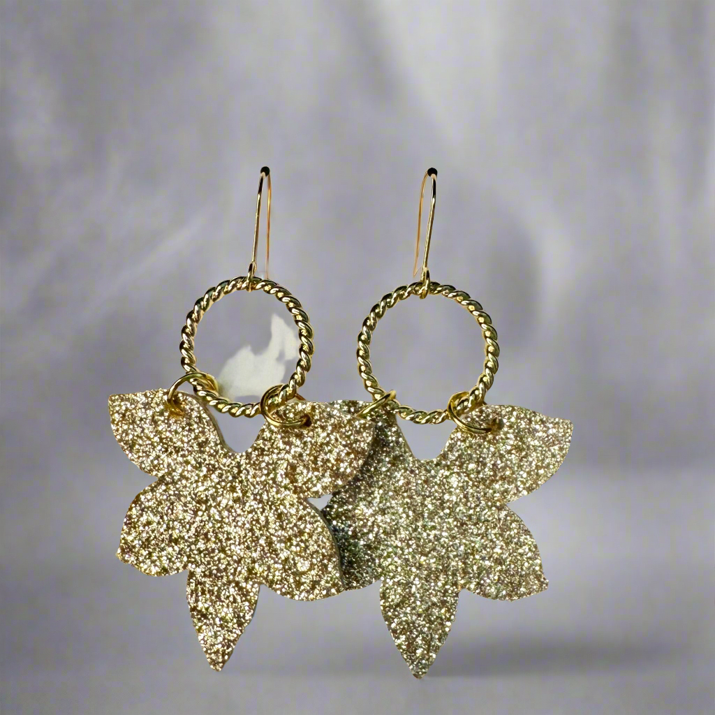 Gold Glitter Flower on Gold Circle Dangle Earrings