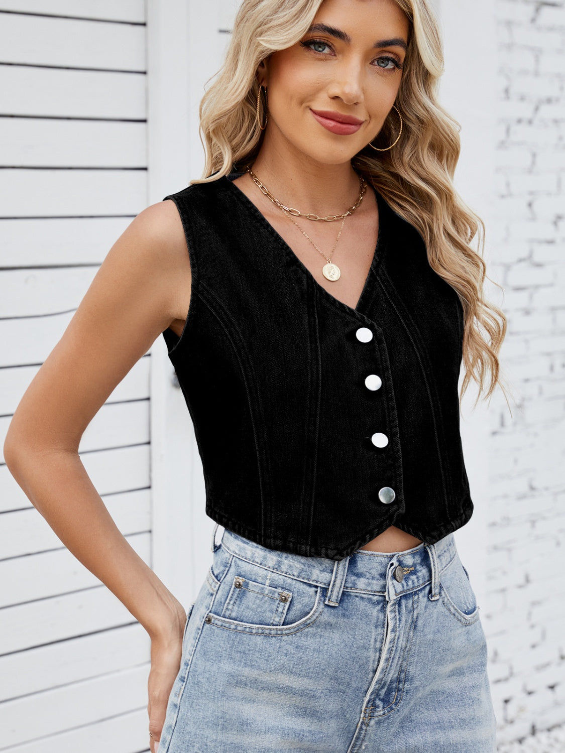 V-Neck Button Down Denim Vest