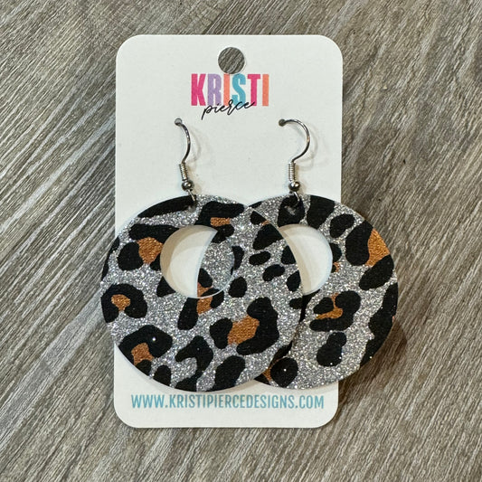 Leopard Print Silver Glitter Circle Dangle Earrings