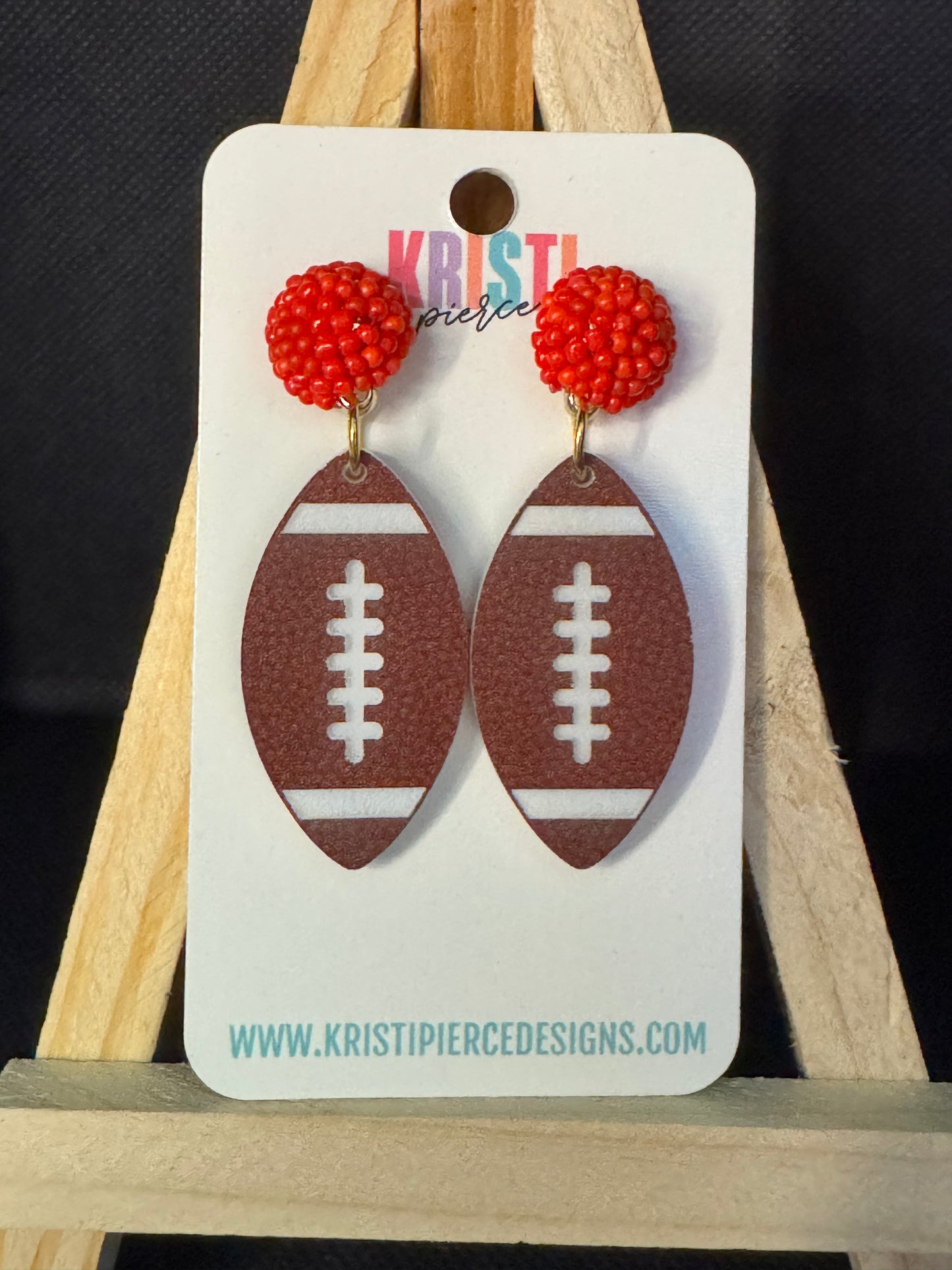 Red Beaded Poms with Football Dangle Earrings