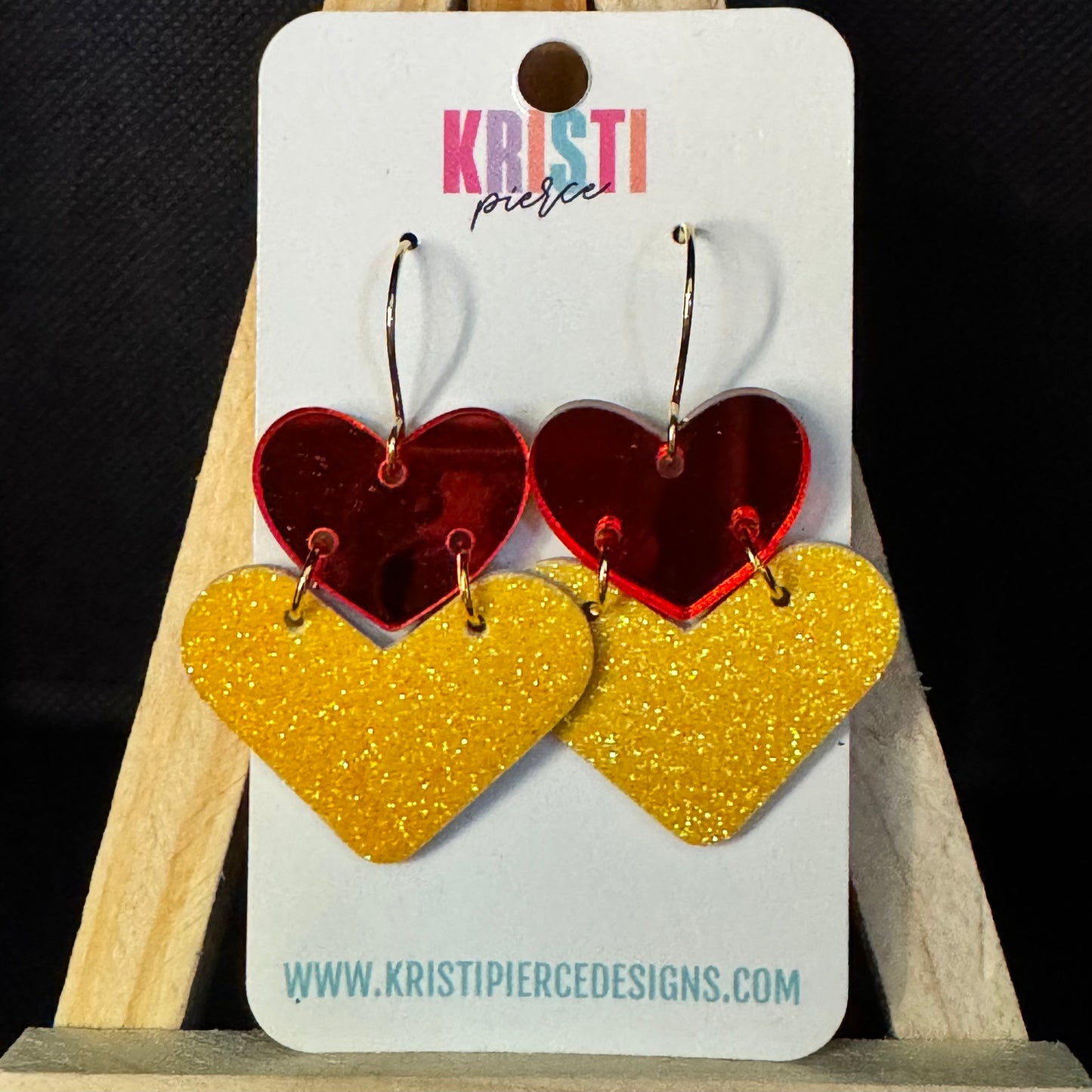 Red & Yellow Mirrored Acrylic & Leather Heart Earrings