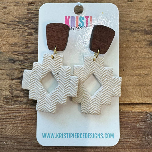 Cream Aztec Boho Clay & Wood Post Earrings