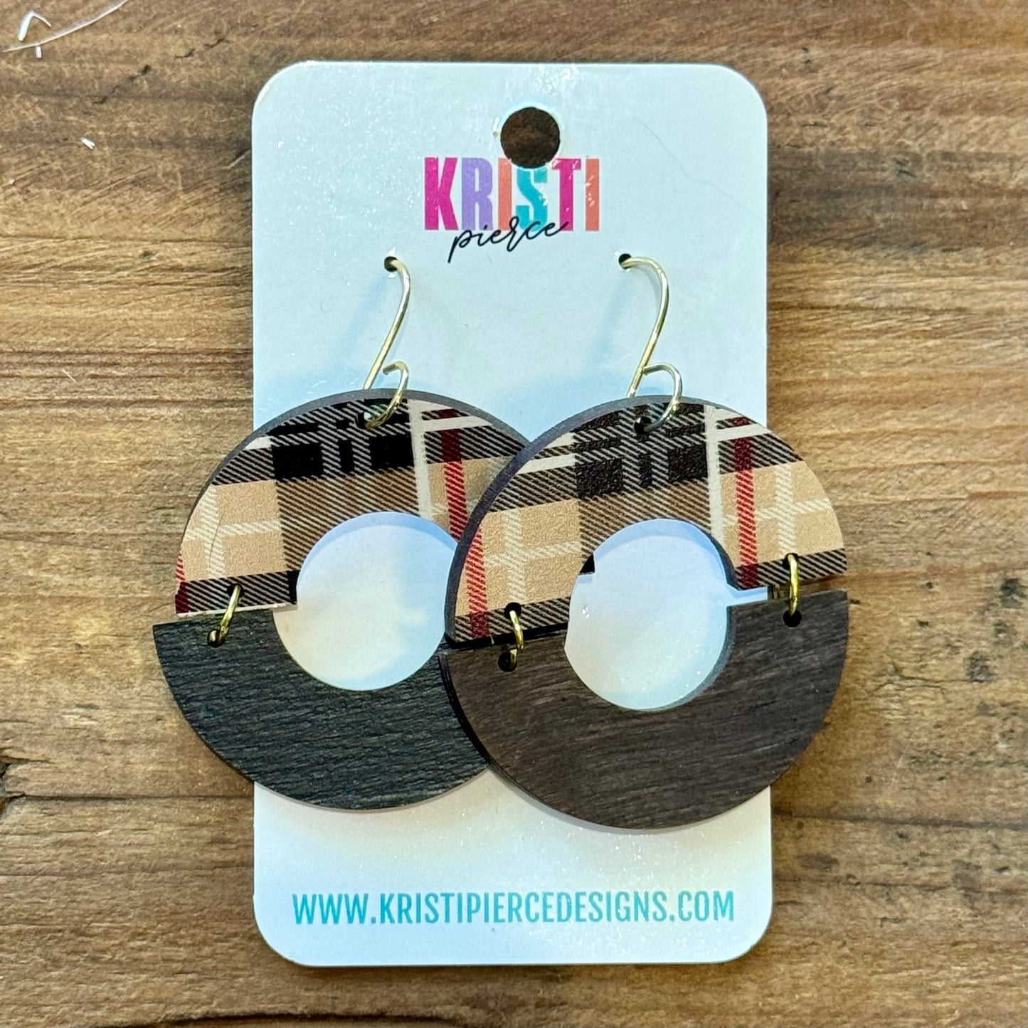 Plaid and Black Wood Circle Dangle Earrings