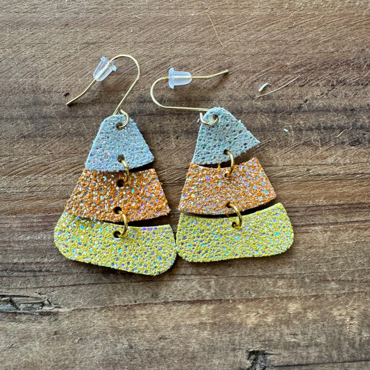 Glitter Leather Candy Corn Dangle Earrings