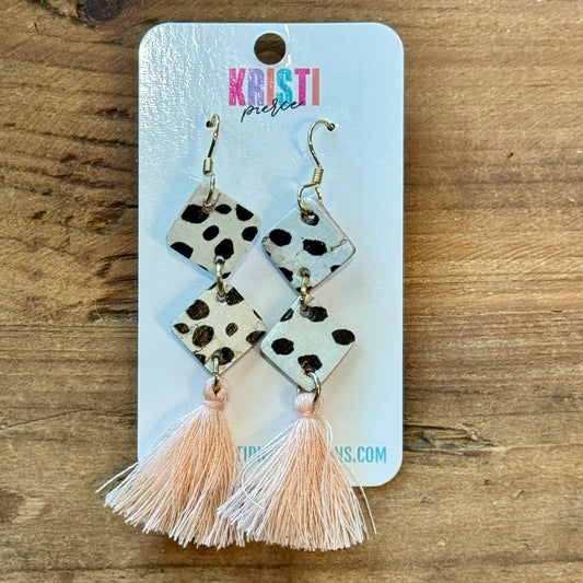 Diamond-shaped Black & Cream Print with Light Pink Tassel Earrings