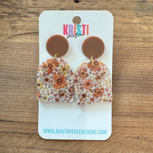 Fall Floral Printed Acrylic Arch-shapes on Brown Acrylic Post Earrings