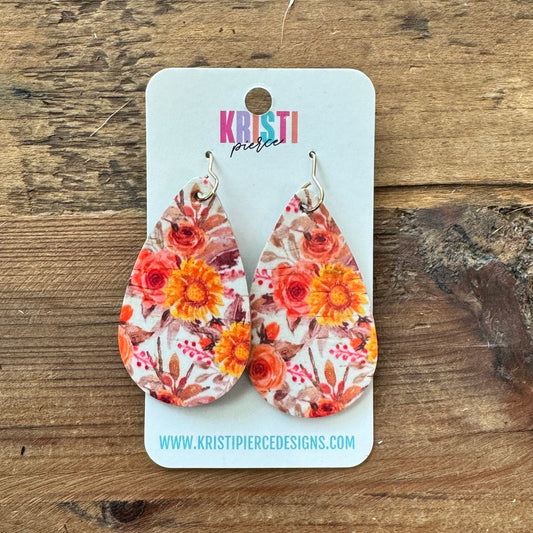 Fall Floral Leather Teardrop Dangle Earrings