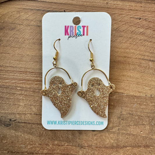 Gold Glitter Leather Ghost Dangle Earrings