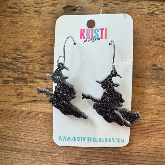 Black Glitter Witch Acrylic Earrings