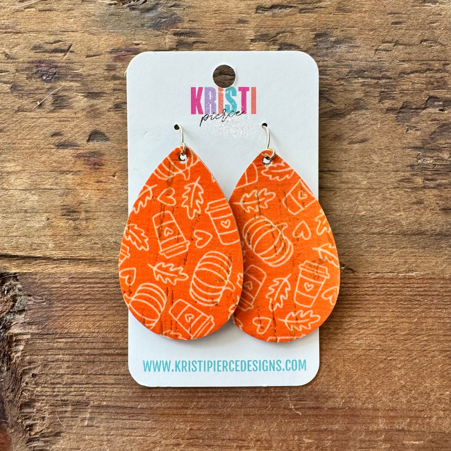 Fall Icons on Orange Leather Teardop Earrings