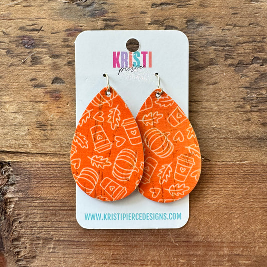 Fall Icons on Orange Leather Teardop Earrings