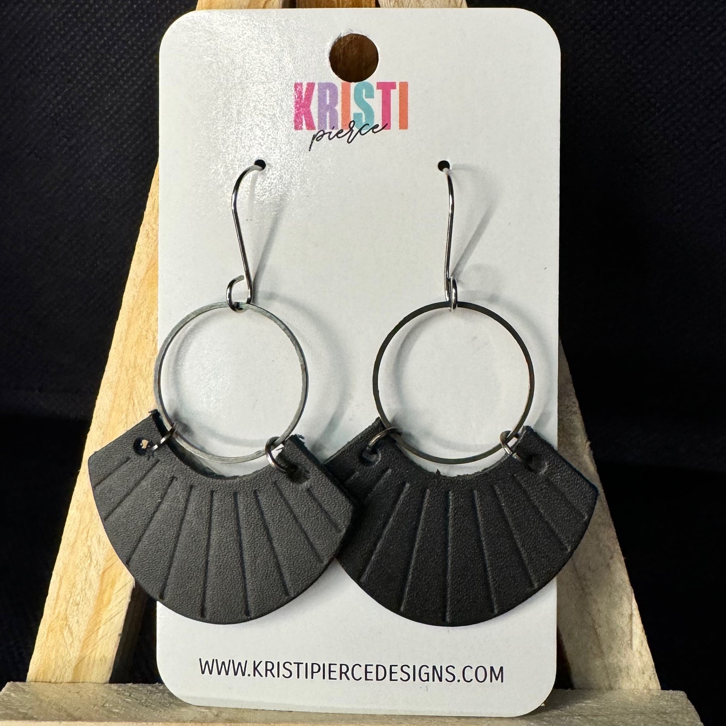 Black Leather Fan Earrings on Silver Circle Earrings