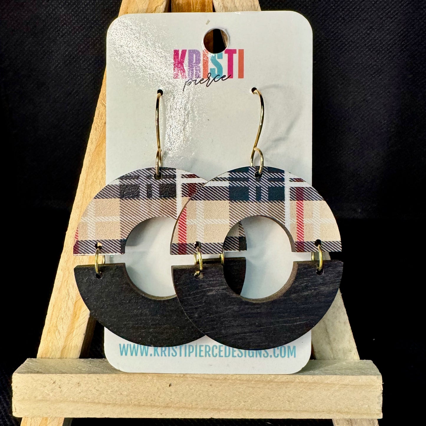 Plaid and Black Wood Circle Dangle Earrings