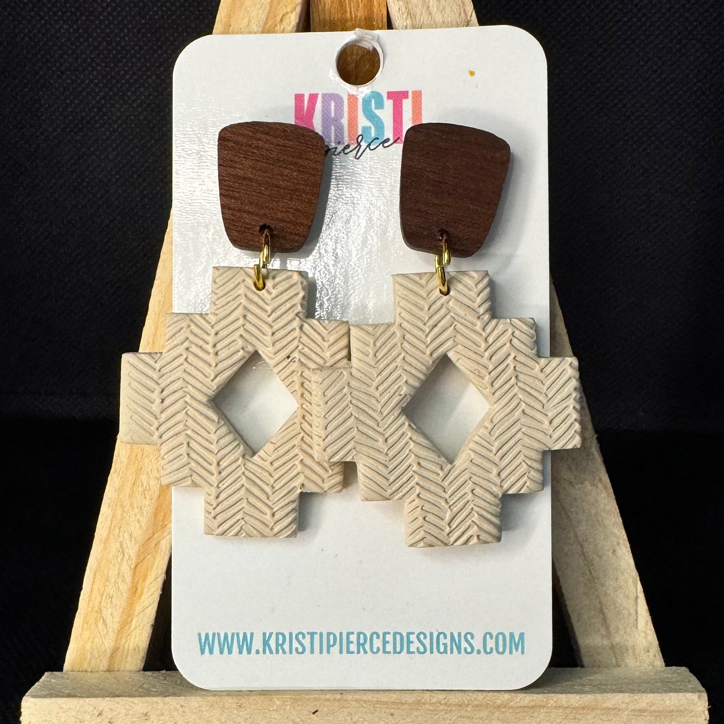 Cream Aztec Boho Clay & Wood Post Earrings