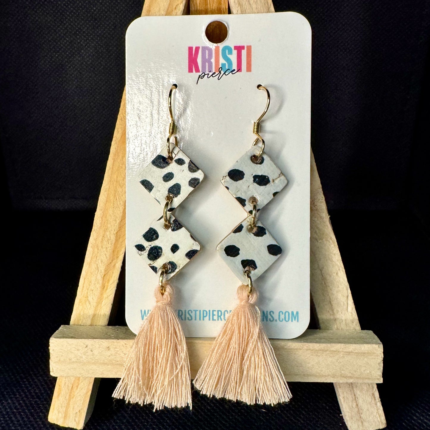 Diamond-shaped Black & Cream Print with Light Pink Tassel Earrings