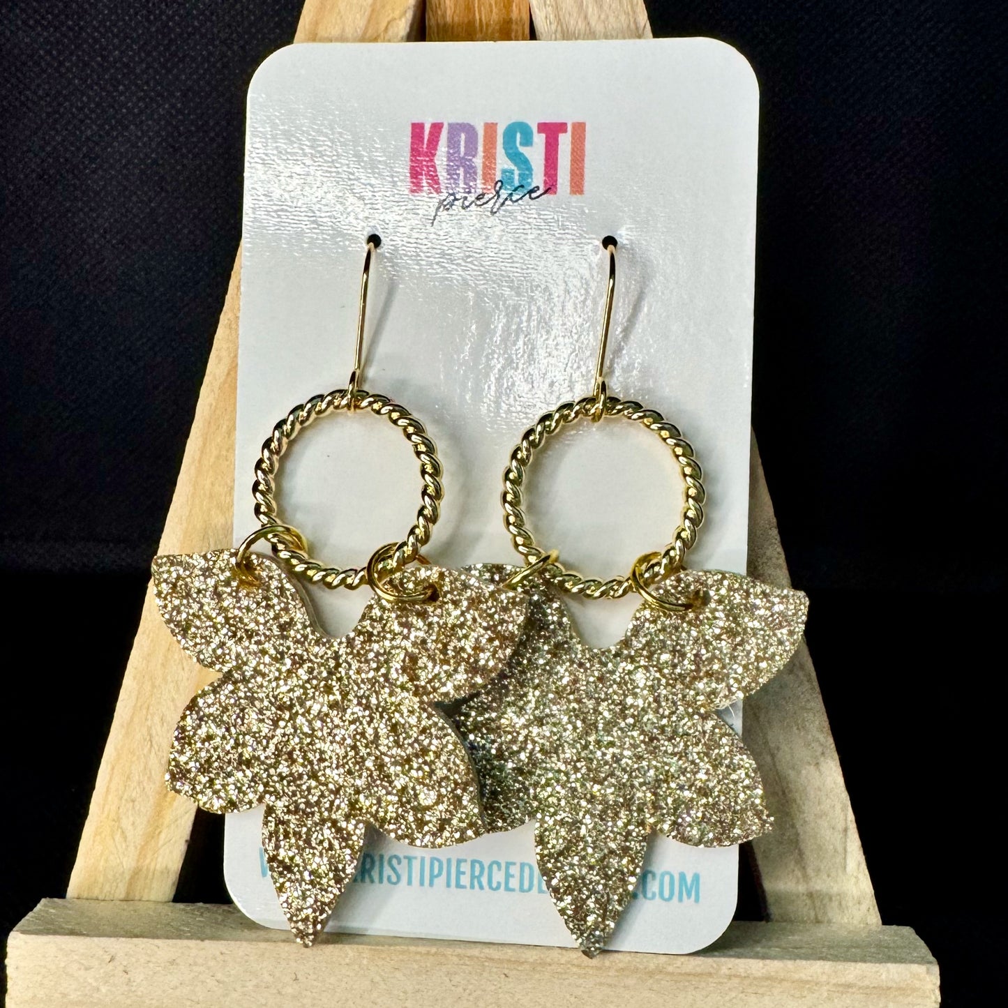 Gold Glitter Flower on Gold Circle Dangle Earrings