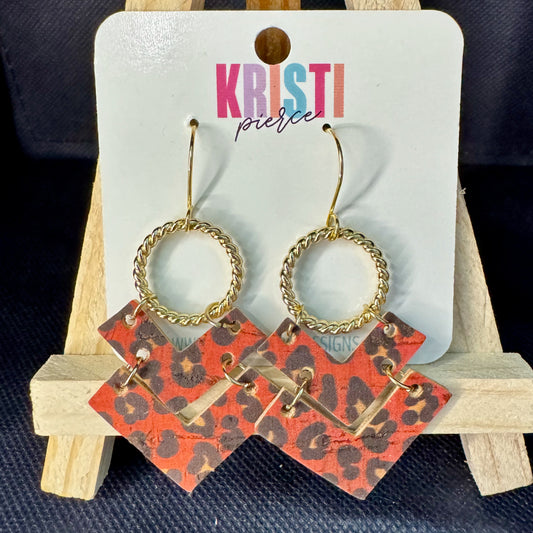 Red Leopard Print Chevron on Gold Circle Dangle Earrings