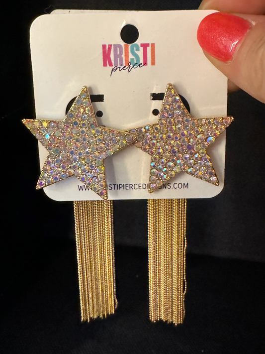 Gold Rhinestone Star Earrings with Gold Chain Fringe on Earring Back