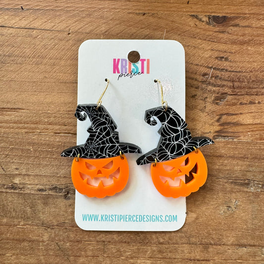 Orange Acrylic Jack-o-lantern with Spider Web Witch Hat Dangle Earrings