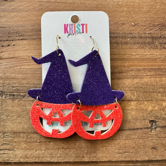 Orange & Purple Glitter Leather Pumpkin Earrings