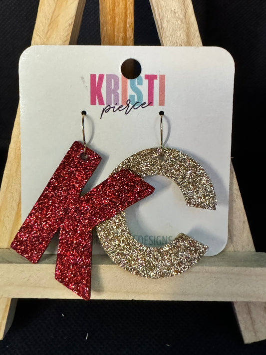 KC Letters Red & Gold Glitter Leather Kansas City Chiefs Earrings