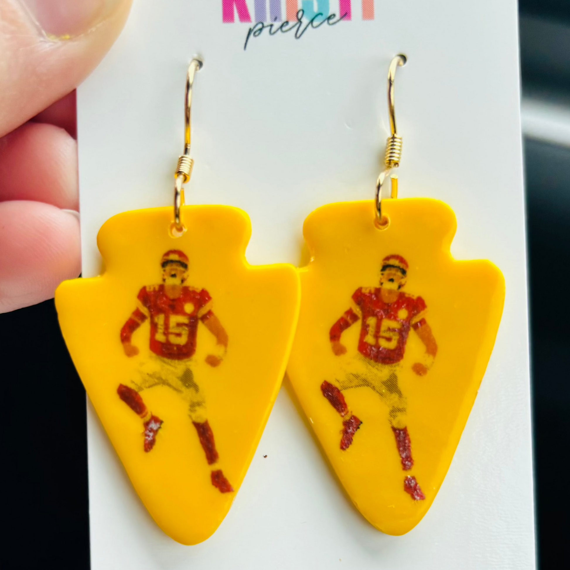 Yellow Clay Arrowheads with a Yelling Mahomes Print in a Red Jersey