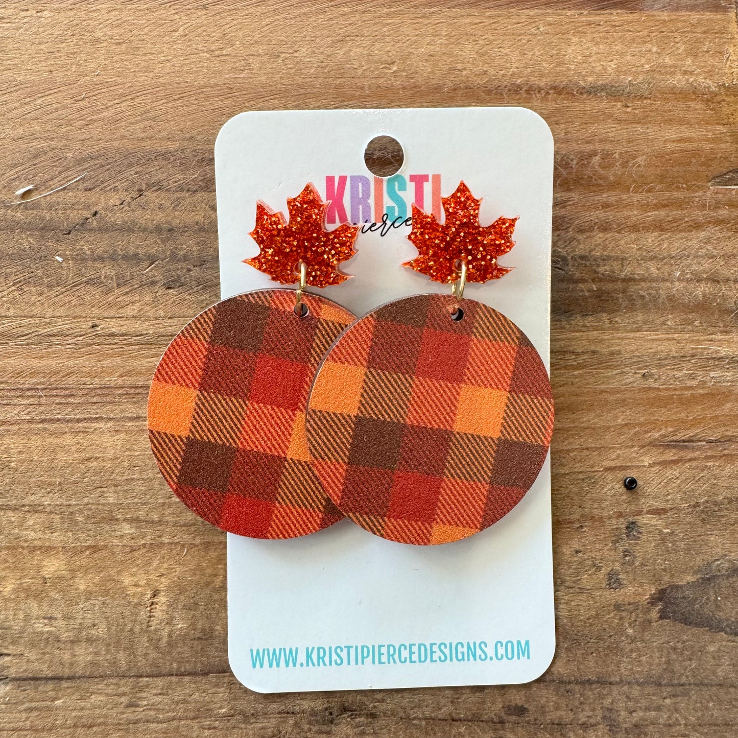 Orange & Brown Plaid Wood Circle on Orange Glitter Leaf Post Earrings