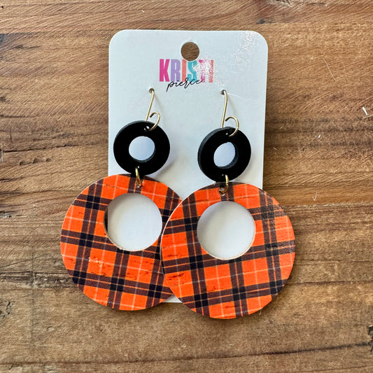 Orange & Black Plaid Circle with Black Wood Circle Dangle Earrings