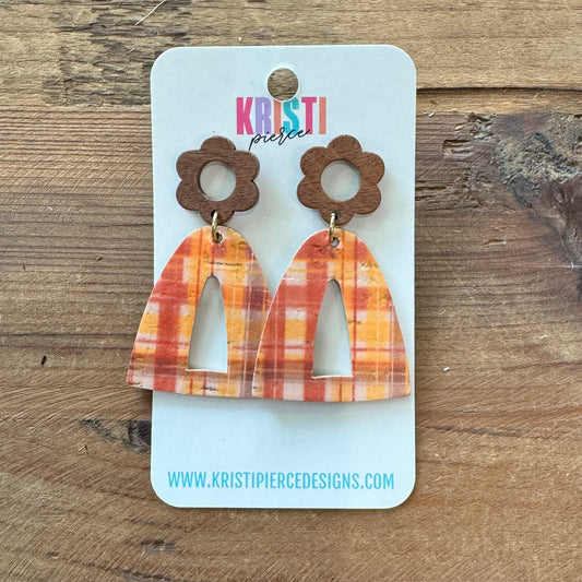 Orange & Yellow Plaid Triangles on Brown Wood Post Earrings