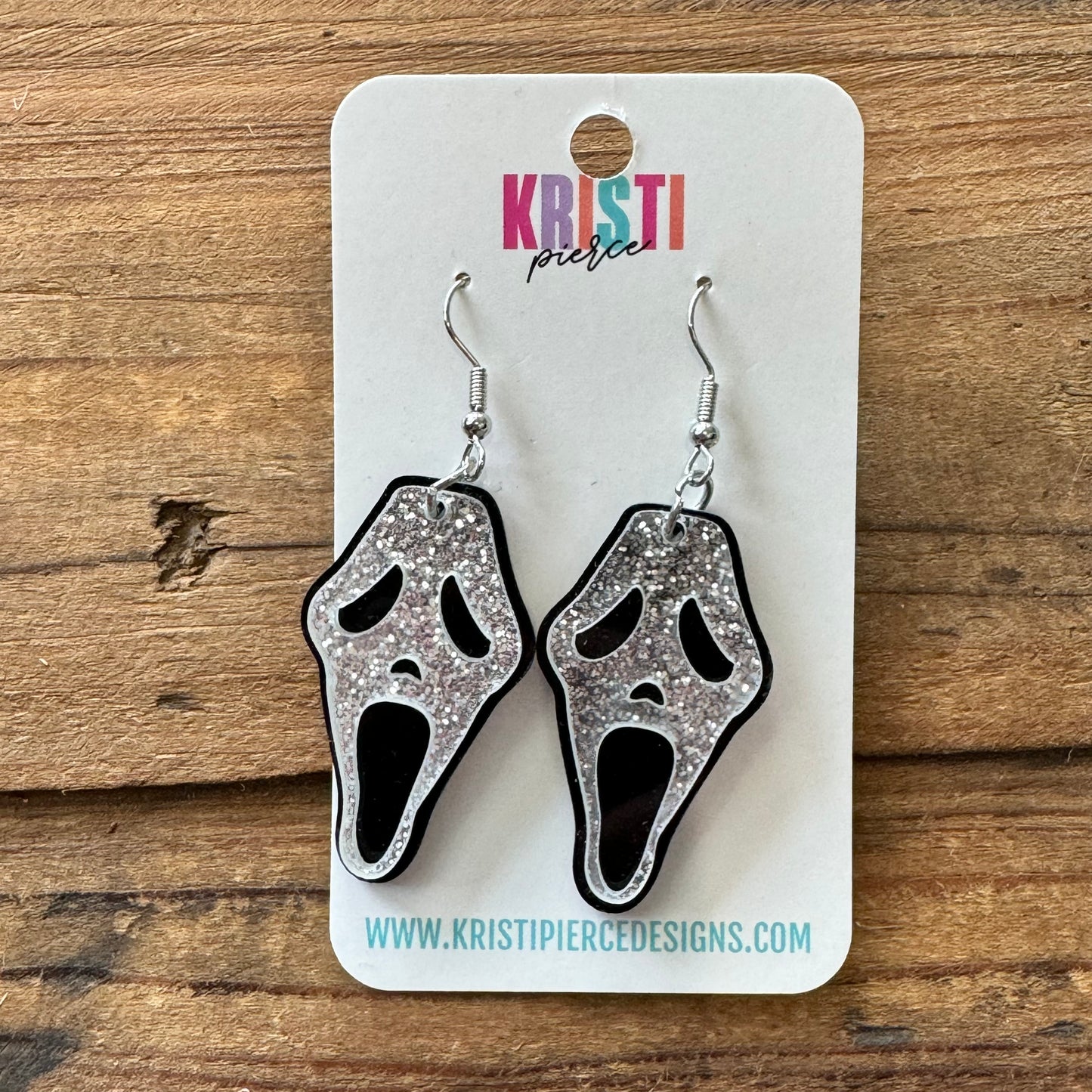 Black and Silver Glitter Acrylic Scream Face Earrings