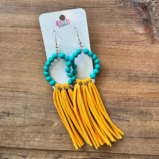 Turquise Beaded Hoop with Long Yellow Gold Tassel Earrings