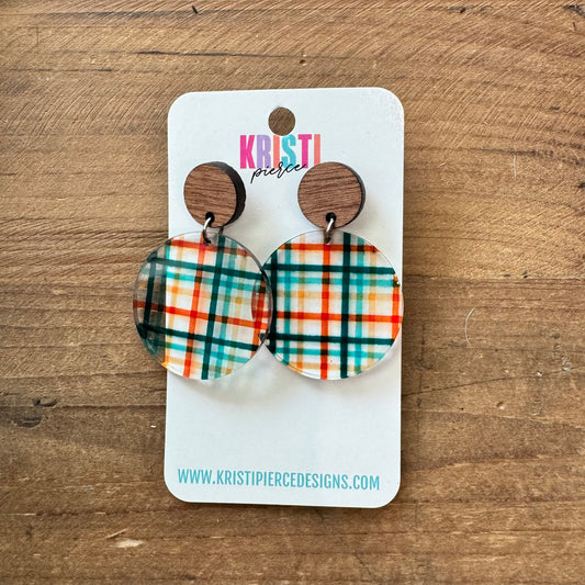 Teal and Orange Plaid Discs on Wood Post Earrings