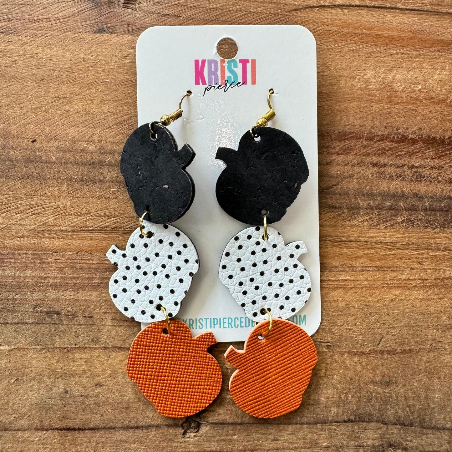 Black, Dot, and Orange Triple Pumpkin Dangle Leather Earrings