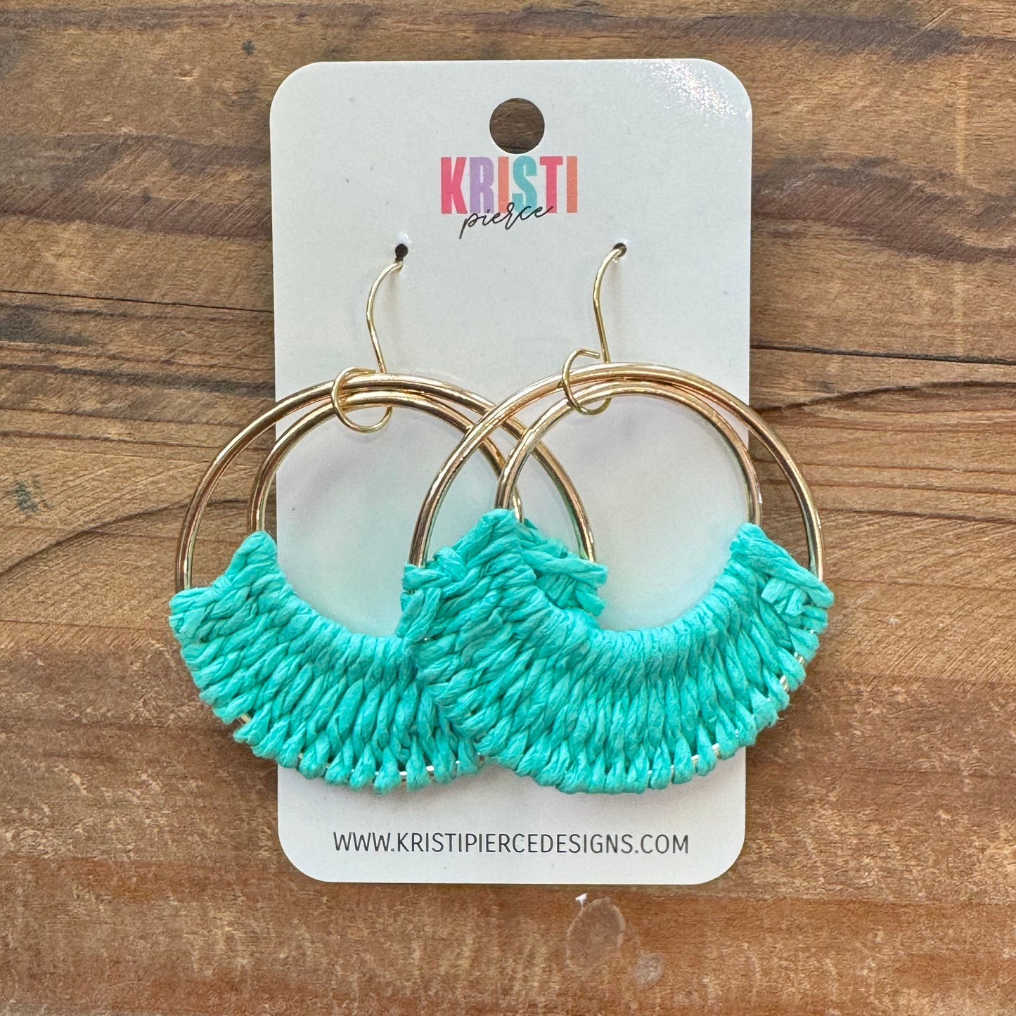 Teal Rafia on Large Gold Hoop Earrings