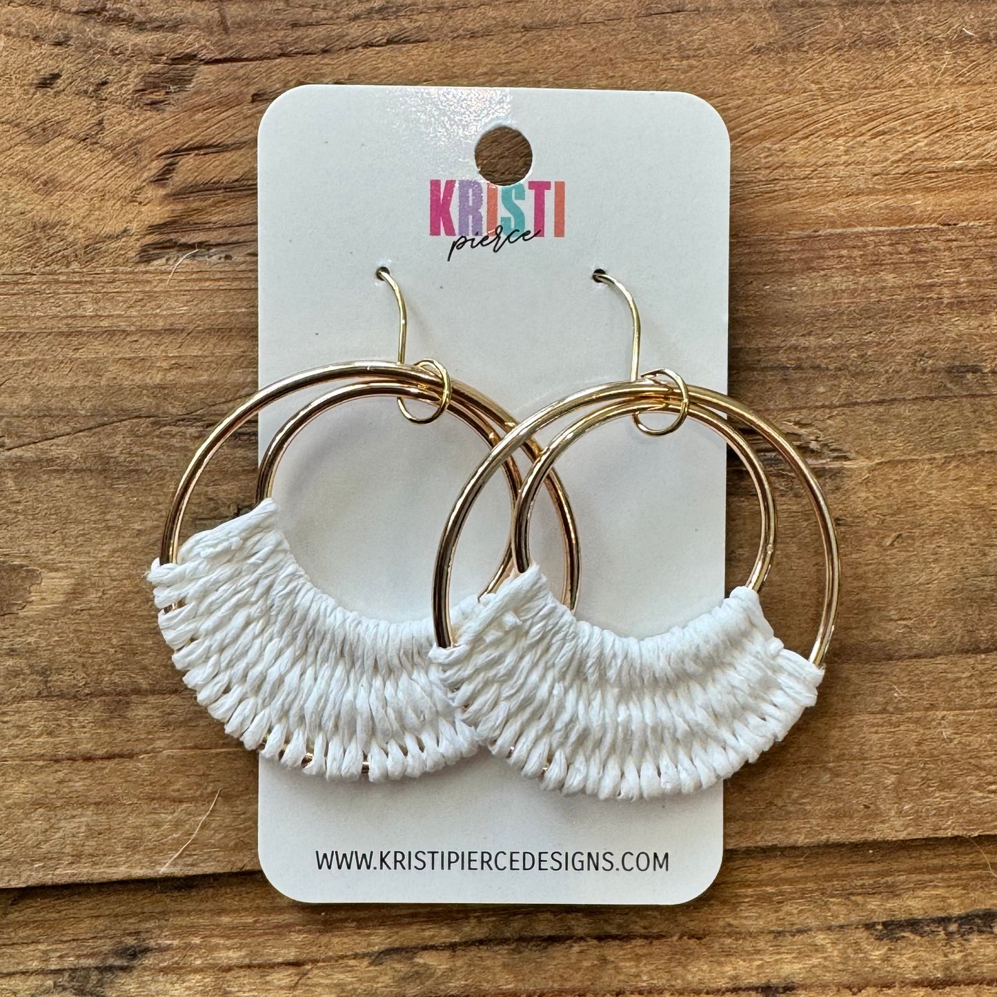 White Rafia on Large Gold Hoop Earrings