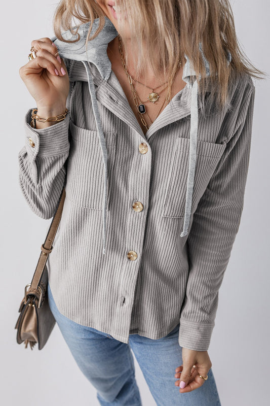 Drawstring Button Up Long Sleeve Hooded Jacket - Kristi Pierce Designs