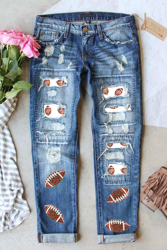 Distressed Football Straight Jeans - Kristi Pierce Designs