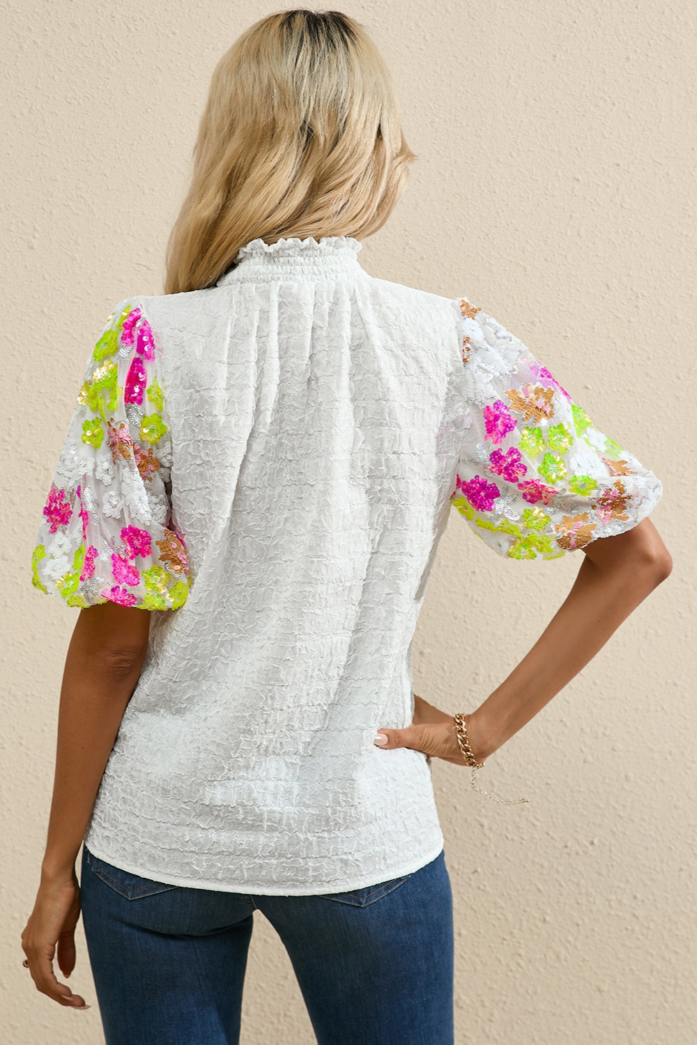 Sequin Flower Mock Neck Half Sleeve Blouse - Kristi Pierce Designs