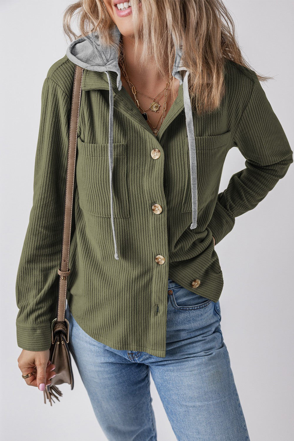 Drawstring Button Up Long Sleeve Hooded Jacket - Kristi Pierce Designs