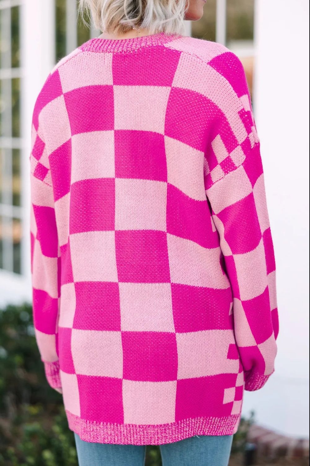 Checkered Open Front Long Sleeve Cardigan - Kristi Pierce Designs