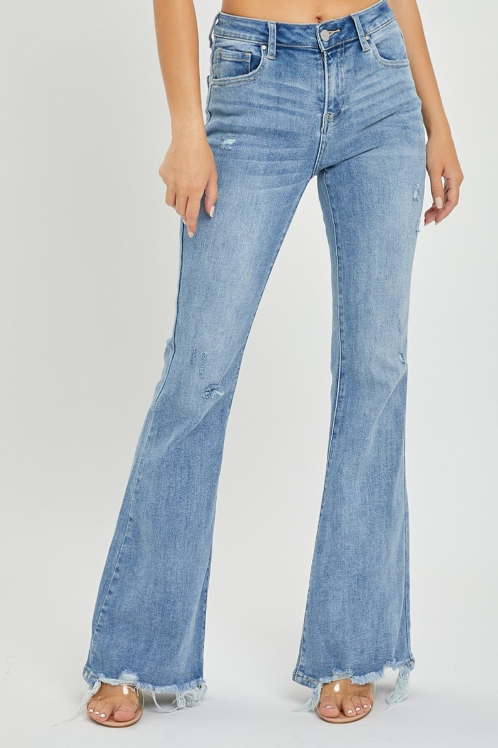 Risen Full Size High Rise Frayed Hem Flare Jeans - Kristi Pierce Designs