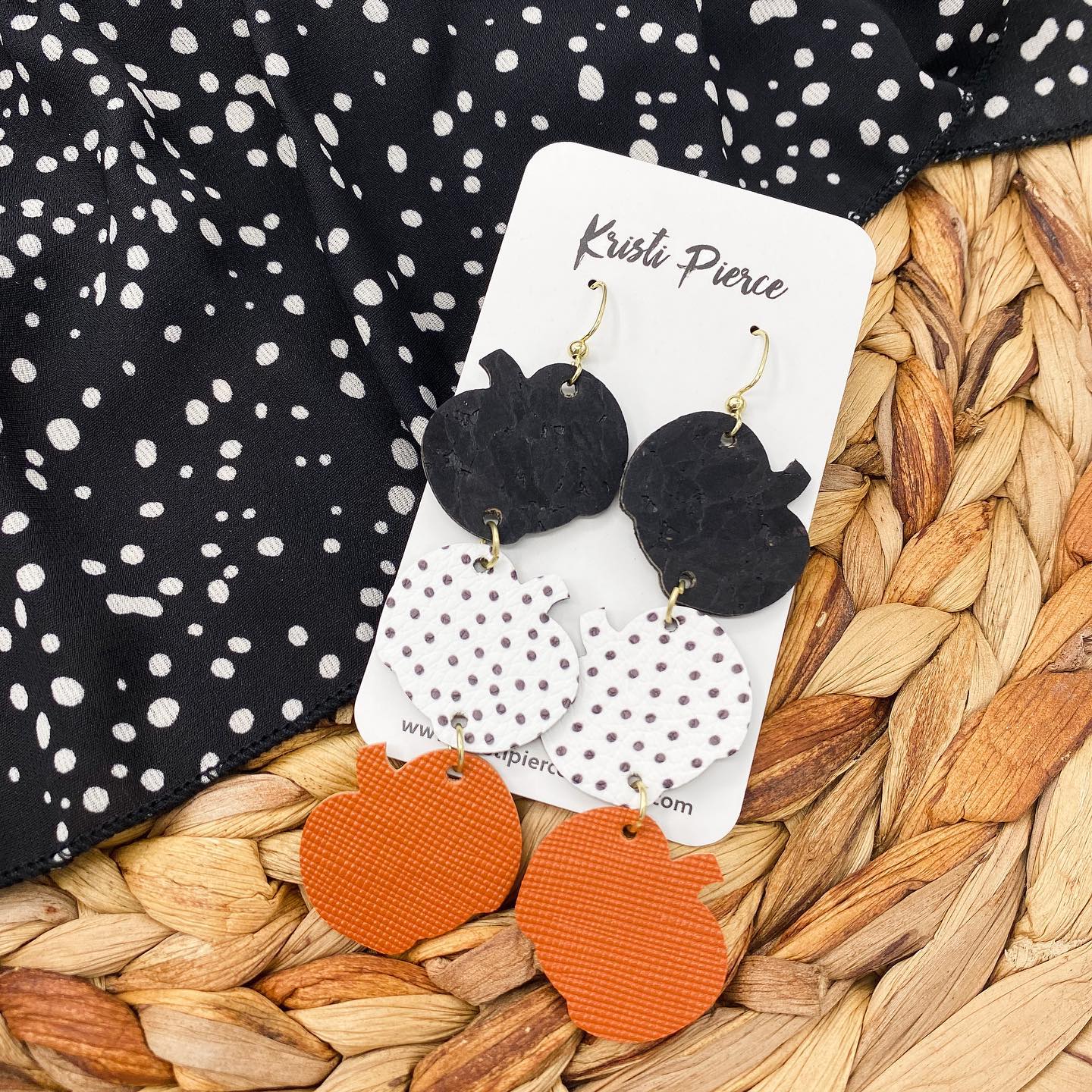 Black, Dot, and Orange Triple Pumpkin Dangle Leather Earrings