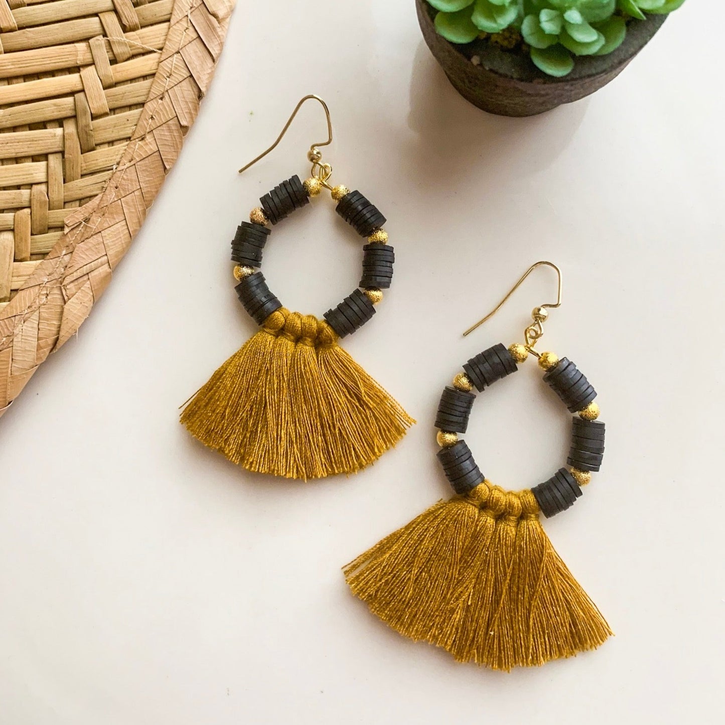 Black & Gold Heishi Beaded Hoop with Mustard Yellow Tassel Earrings