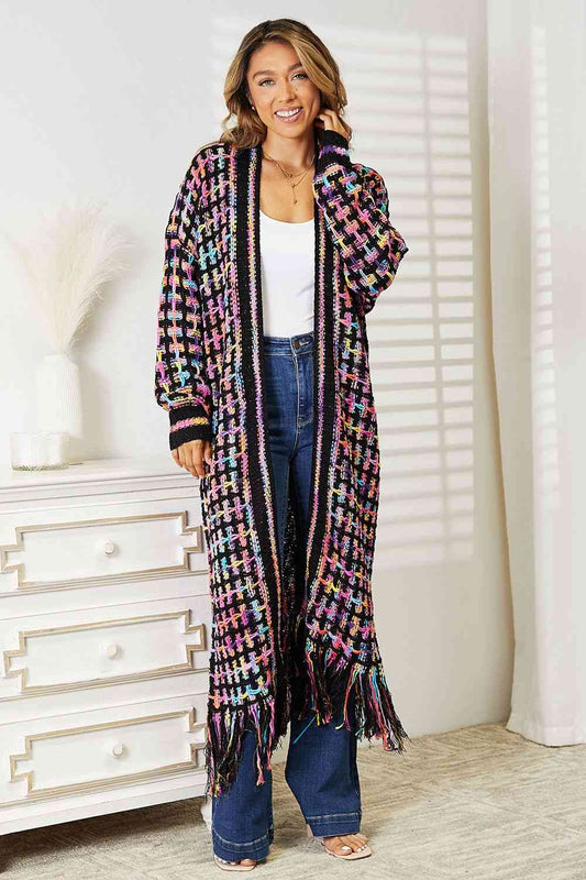 Double Take Full Size Multicolored Open Front Fringe Hem Cardigan - Kristi Pierce Designs