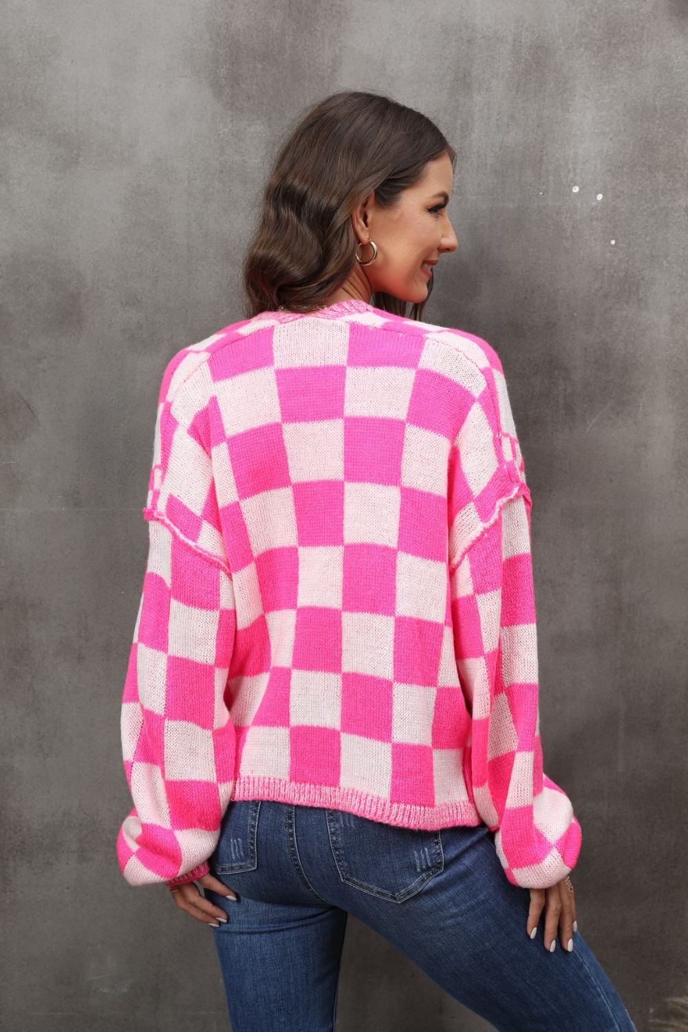 Checkered Open Front Drop Shoulder Cardigan - Kristi Pierce Designs