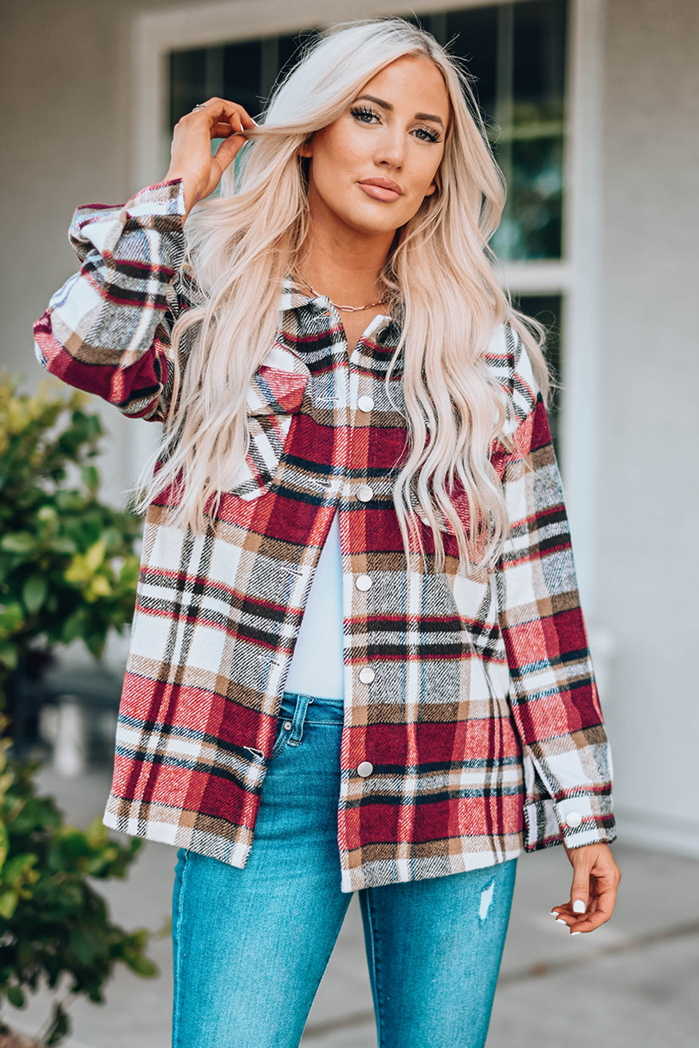 Double Take Plaid Button Front Shirt Jacket with Breast Pockets - Kristi Pierce Designs