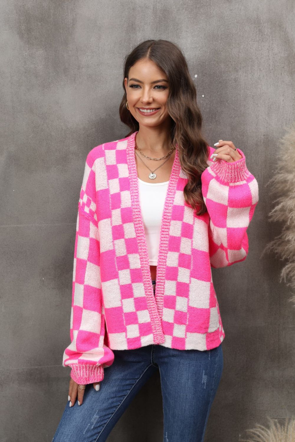 Checkered Open Front Drop Shoulder Cardigan - Kristi Pierce Designs